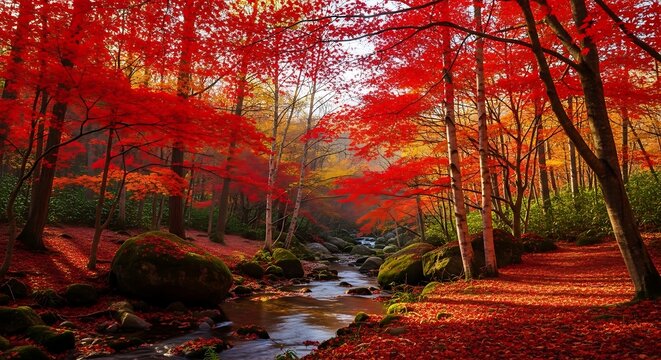 Vibrant autumn forest with red maple trees and a serene stream