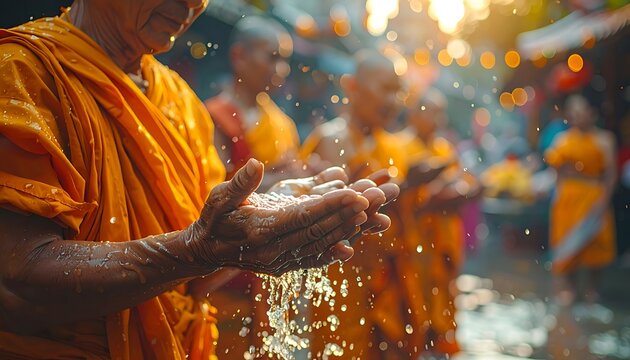 Monks, bathed in sunlight, bless with water droplets during an outdoor festival in robes, shallow depth of field
