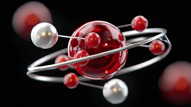 Atomic Structure Abstract: A stylized 3D render depicting an atomic model with a central nucleus and orbiting electrons, representing fundamental scientific concepts and research.