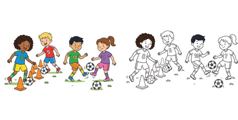Children playing soccer vector illustration with coloring page version, boys and girls practicing football skills with cones and balls, kids sports training activity set for coloring book. © SHOHAG