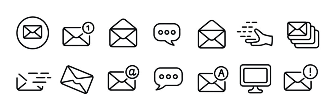 Social media message thin line icons featuring electronic mail, speech bubble, notification, inbox, send, reply, and favorite symbols for communication applications. Vector illustration.