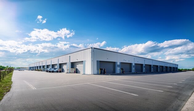 modern warehouse building exterior building servicing or car service buildings cargo transportation and logistics with a parking lot on a blue sky background