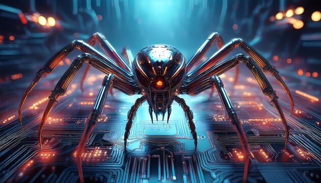 robotic spiders invade circuit board digital attack background