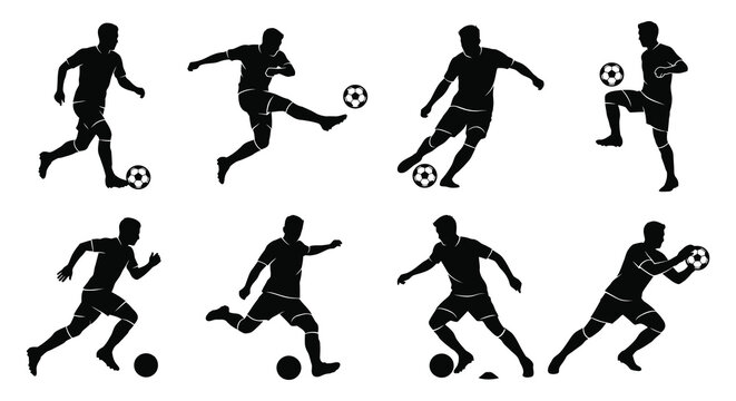 Set of black soccer (football) player silhouettes in different dynamic poses showing various football actions like kicking dribbling and controlling the ball with football, movement
