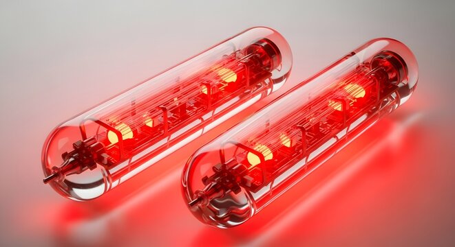 Glowing red electronic vacuum tubes in pairs. Vintage hardware development and thermionic technology. Classic amplifier glass valves emitting intense light on a bright surface.