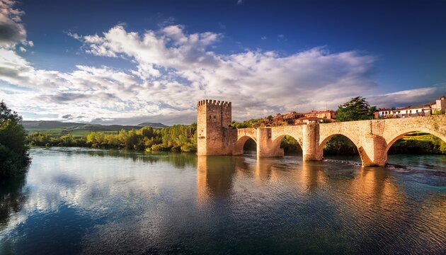 captivating vintage style photograph of the medieval bridge tower in frias spain overlooking the picturesque river ebro in burgos province castile and leon