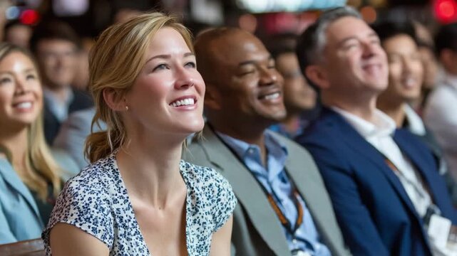Audience Engagement: A diverse group of people at a conference or event, attentively watching a presentation, their faces illuminated with smiles and rapt attention.