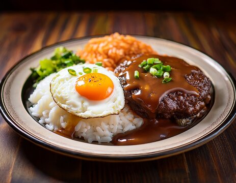 vintage hawaiian loco moco juicy burger patty fried egg rich gravy over rice