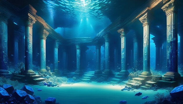 interior scenes of abandoned ruins underwater walls and pillars made of lapis lazuli crumbling scenes dim light