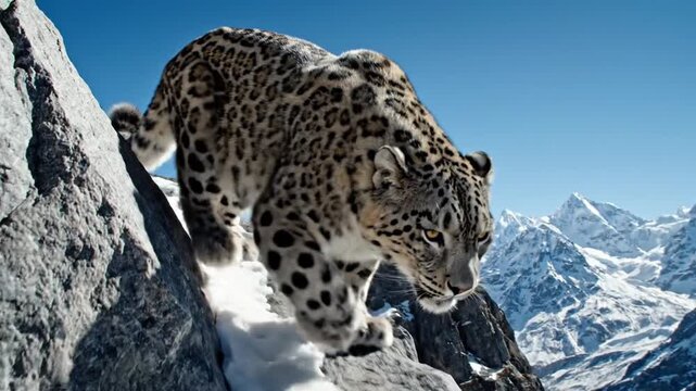 Elusive Snow Leopard Stalking a High Mountain Ridge Amidst Snow-Capped Peaks