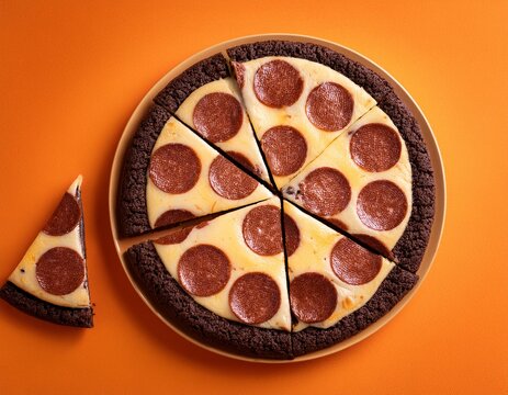 unique dessert pizza featuring chocolate cookie base with pepperoni and cheese slice on orange background