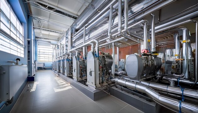 industrial chillers room piping network architectural photography