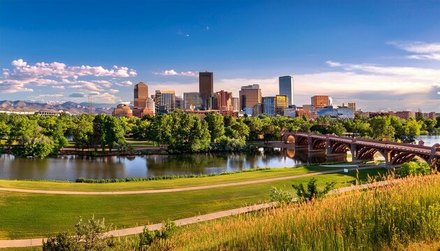 denver skyline confluence park speer blvd bridges colorado cityscape stock photo