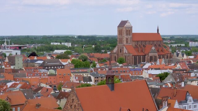 Wismar, Germany - rooftop panorama of the city with Church of St. Nicholas
