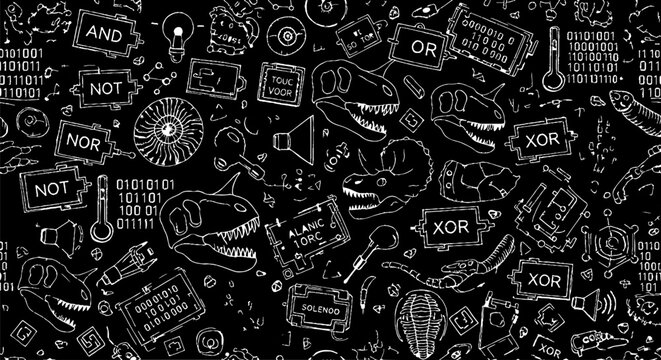 Complex Black and White Digital Logic Doodle Pattern Background.