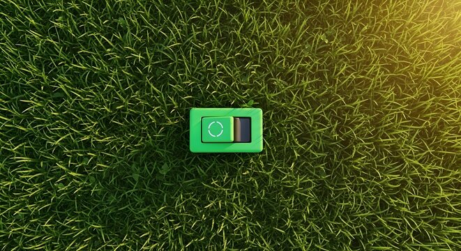 Green power switch toggle placed right in the green grass field. Eco friendly energy choice and sustainability concept. Electronic button controller activating natural renewable environment power