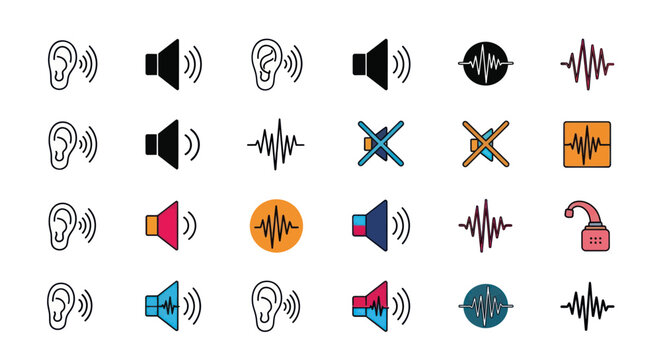 Sound Wave Icons: Volume, Hearing, Mute, and Audio Equalizer Symbols Set
