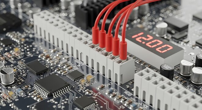 Electronic engineering and circuit board hardware testing. Voltage regulation and prototype development systems. Red testing probes connected to a terminal block with digital display