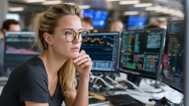 Focused Trader in a Bustling Trading Room: A determined female trader, wearing glasses and looking intently at multiple computer monitors displaying complex financial charts and data.