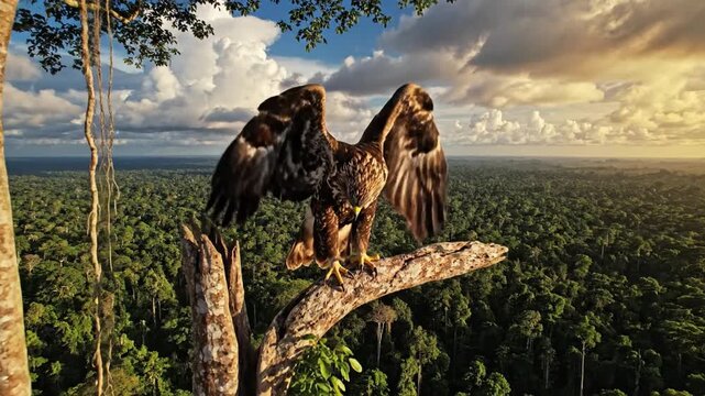 Majestic Philippine Eagle Perched on a Giant Tree Branch Overlooking a Lush Tropical Forest at Sunset