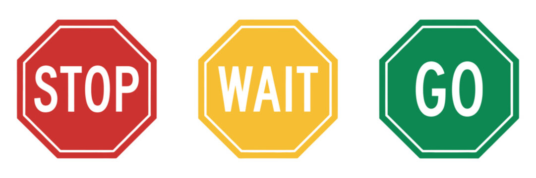 Stop wait and go sign icons featuring traffic control and directional symbols for road safety, transportation, and navigation systems. Vector illustration.