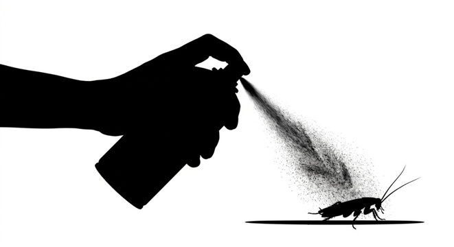 Hand spraying insecticide on cockroach silhouette vector illustration