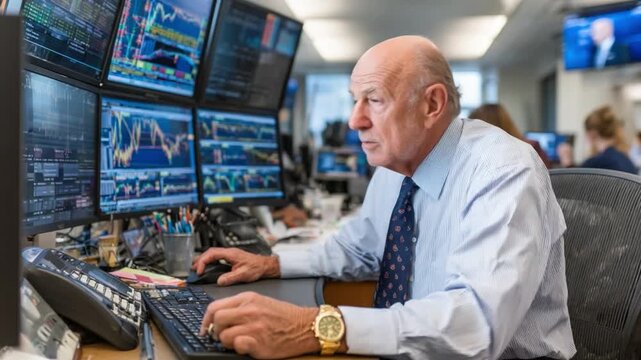 Stock Market Trader in Action: An experienced stock market trader, focused intently on multiple computer screens displaying intricate financial charts and data.