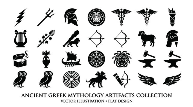 Ancient Greek mythology artifacts collection features various symbols on a white background with mythological creatures and objects.