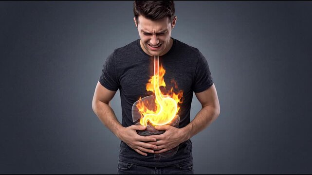 Man suffering from painful stomach burning and acid reflux