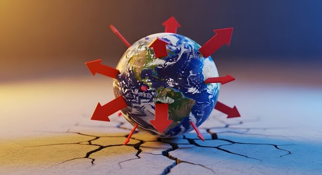 Planet earth with red arrows pointing outwards. Global expansion concept and international logistics network. World globe sitting on a cracked dry ground surface