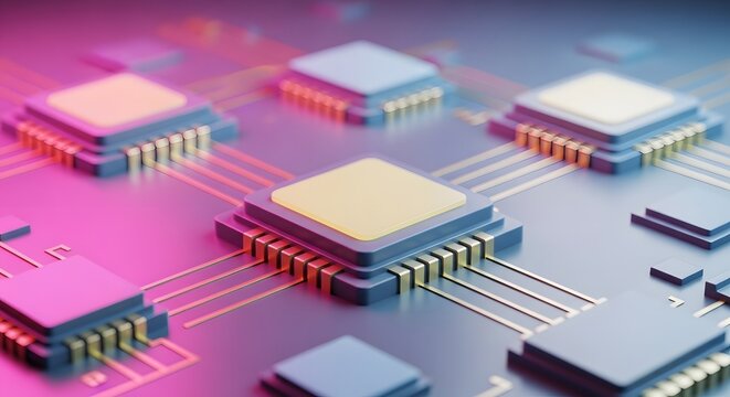 Central processing unit array on a high tech motherboard. Quantum computing and microelectronics hardware development. Gold circuits connecting pink and blue illuminated microchips