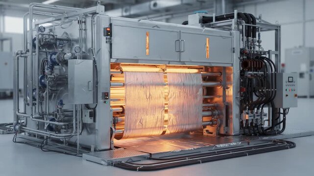Hybrid annealing furnace in medium shot illustrating seamless integration of gas and electric energy sources optimizing fuel usage while preserving metal foil properties.