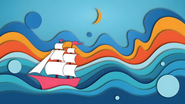 Abstract paper cut art illustration of sailing ship on stylized colorful waves with illustration