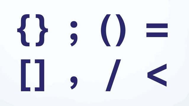 A collection of common programming and mathematical symbols on a white background, including brackets, semicolon, parentheses, equals sign, comma, slash, and less than sign.