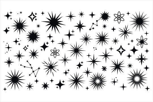 Various black starburst shapes and atomic symbols on white background
