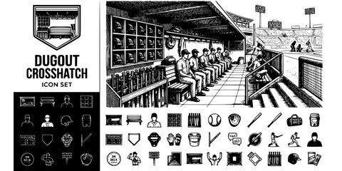 Naklejka premium Baseball Dugout Crosshatch Black White-Bench Helmet Rack Bat Collection-Team Vector-Dugout Icon Crosshatch-Baseball Design Set