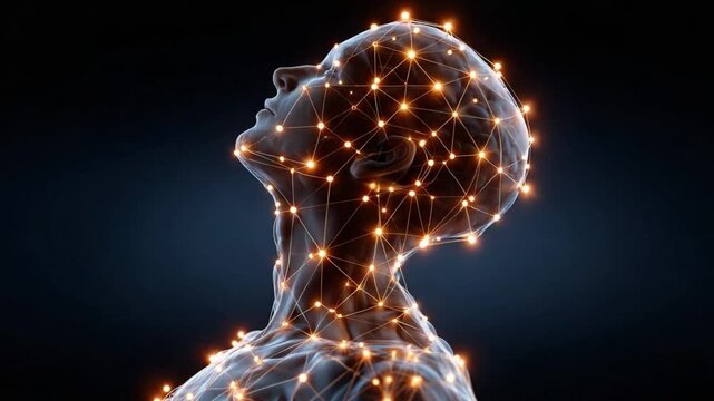Neural Network Silhouette: A stylized human silhouette glowing with interconnected nodes and lines, symbolizing the complex network of the brain and the advancement of technology.