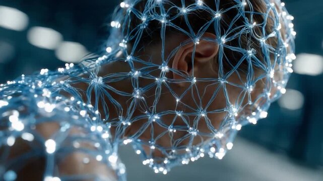 Human Network of Lights: A close-up of a person's head and shoulders covered in a delicate, interconnected web of glowing lights, representing a digital network or a futuristic connection.