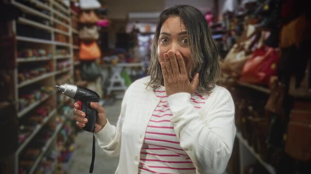 Hispanic woman holding cordless screwdriver, hand covering mouth in crowded shop aisle inside building; surprise discovery.