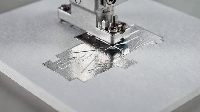 Focused view of silver foil stamping being pressed onto highend business cards revealing reflective metallic effects and sharp embossed branding on smooth paper surface.