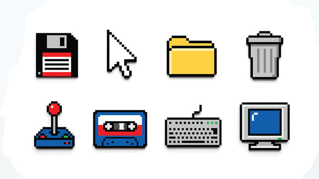 Retro pixel art computer icons set, including floppy disk, mouse cursor, folder, trash can, joystick, cassette tape, keyboard, and monitor.