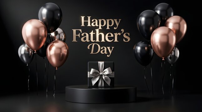 Father's day celebration with balloons and gift box on black background