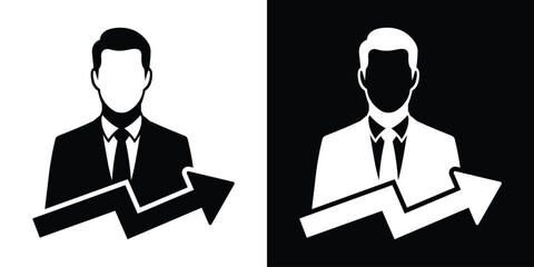 Businessman silhouette with an upward trending arrow. Concept of career growth, financial success, and market increase. Vector icon set. © bibin
