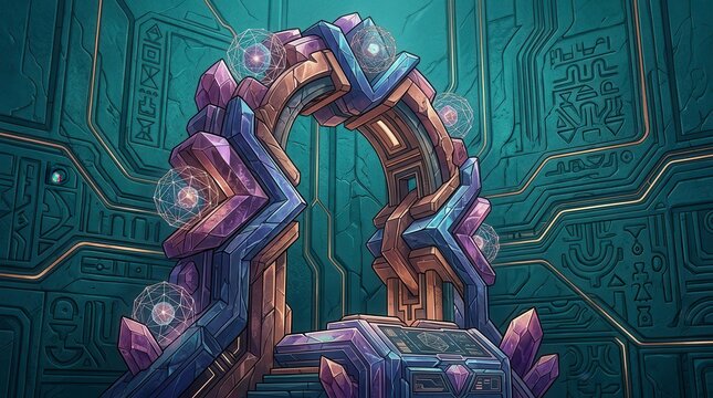Fantasy crystal archway portal with glowing energy orbs