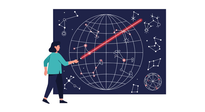 Woman astronomer pointing at star map with constellations and celestial globe, astronomy education flat illustration