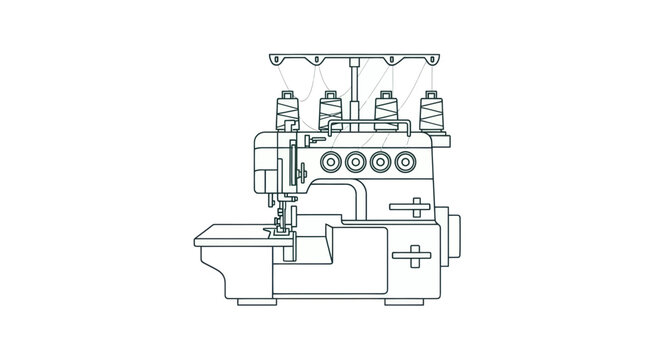 Professional Overlock Sewing Machine with Spools of Thread - Clean Line Art Illustration