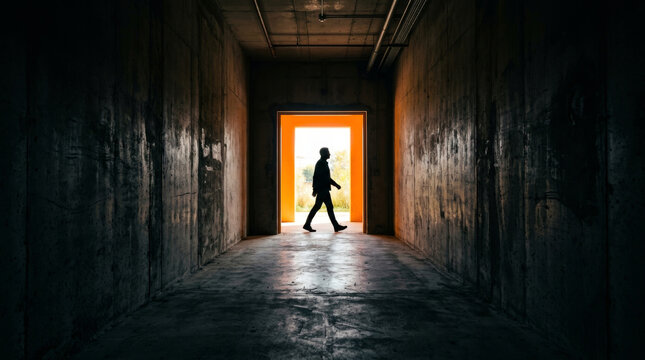 A silhouetted figure walks through a dimly lit corridor towards a bright doorway, creating a striking contrast of light and shadow.