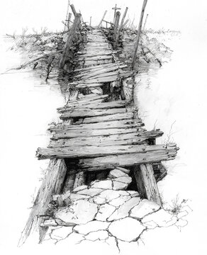 A minimalist black and white ink drawing of a weathered, old wooden bridge broken down in the middle over water, featuring cracked planks and splintered details.