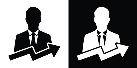 Businessman silhouette with an upward trending arrow. Concept of career growth, financial success, and market increase. Vector icon set. © bibin