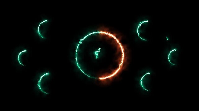 Glowing blue particle circle on dark background. Futuristic energy ring made of sparkling dust and light dots alpha neon fire effect pentacle  inverted pentagram in circle on black background 4k
